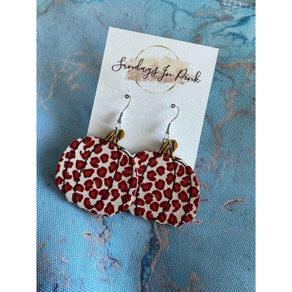 FALL Halloween Pumpkin Leopard Print Drop Earrings NEW - Picture 1 of 3